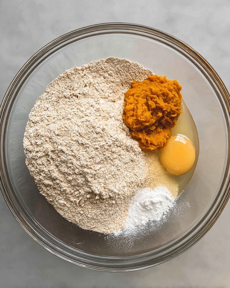 A clear glass bowl holds four separate layers of ingredients arranged without mixing: a large pile of light beige oat flour fills most of the bowl, a small mound of bright orange pumpkin puree rests on top of the oat flour at the bottom right, a raw yellow egg yolk and white sit cleanly beside the pumpkin puree on the right edge, and a small amount of white baking powder is lightly sprinkled on the oat flour near the center. The bowl is placed against a white marbled texture photo taken with an iphone --ar 4:5 --v 7