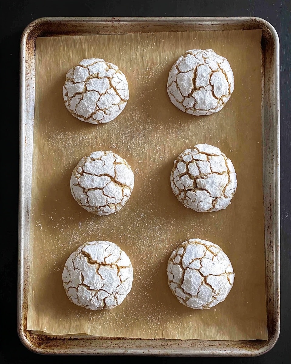 Six round cookies with cracked, white powdered sugar surfaces sit evenly spaced in two vertical rows on a light brown parchment paper. The parchment paper is laid on a slightly worn, silver metal baking tray. The tray rests on a dark surface, while the overall scene shows a top-down view of the cookies before baking. Photo taken with an iphone --ar 4:5 --v 7