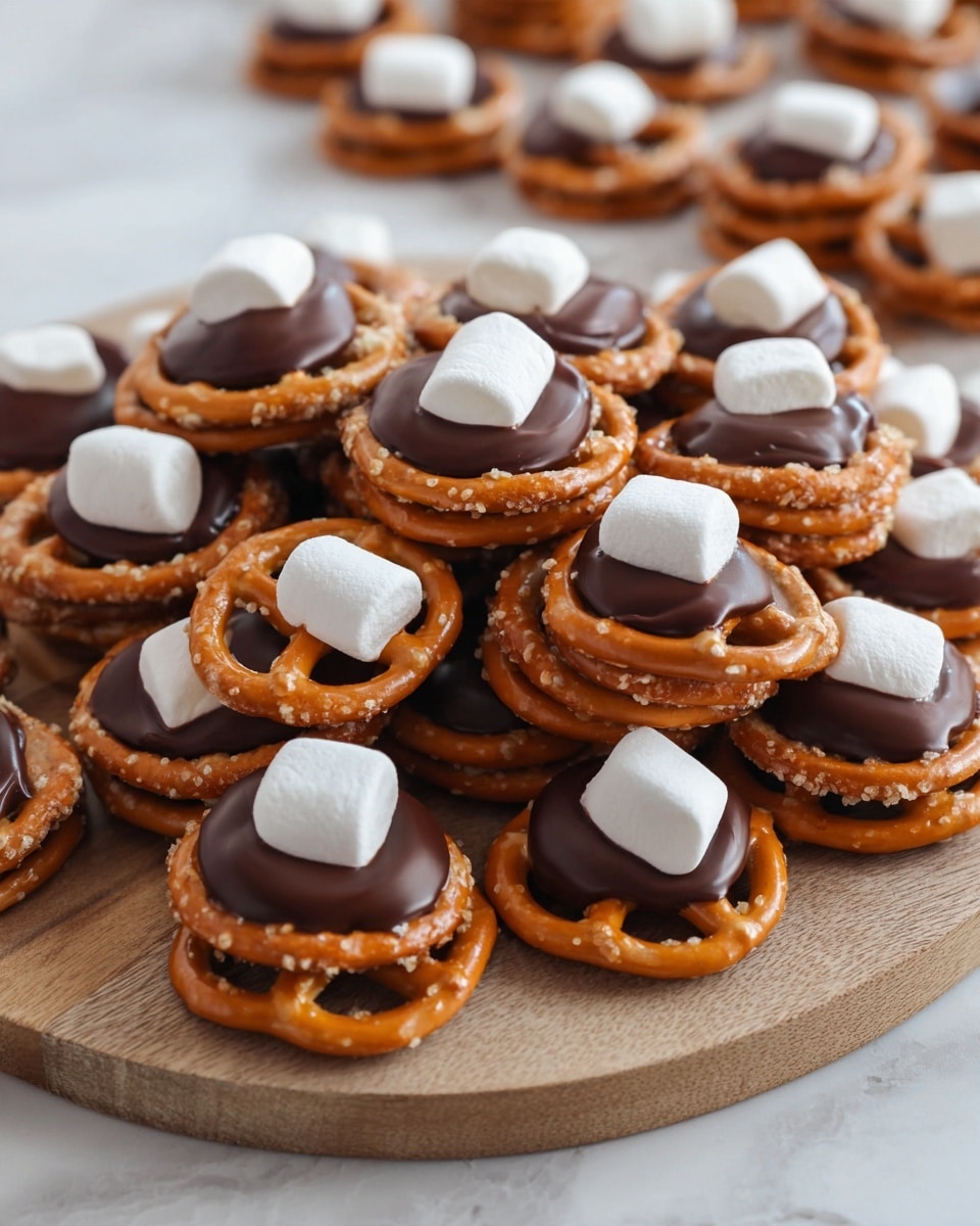 The image shows a pile of small snacks on a round wooden board placed on a white marbled surface. Each snack has three layers: a light brown pretzel ring as the base with a slightly rough and salty texture, a smooth and shiny dark chocolate top filling in the center, and a single white mini marshmallow sitting on the chocolate. The snacks are stacked in a loose heap, filling the board, with some scattered in the background on the same white marbled surface. photo taken with an iphone --ar 4:5 --v 7