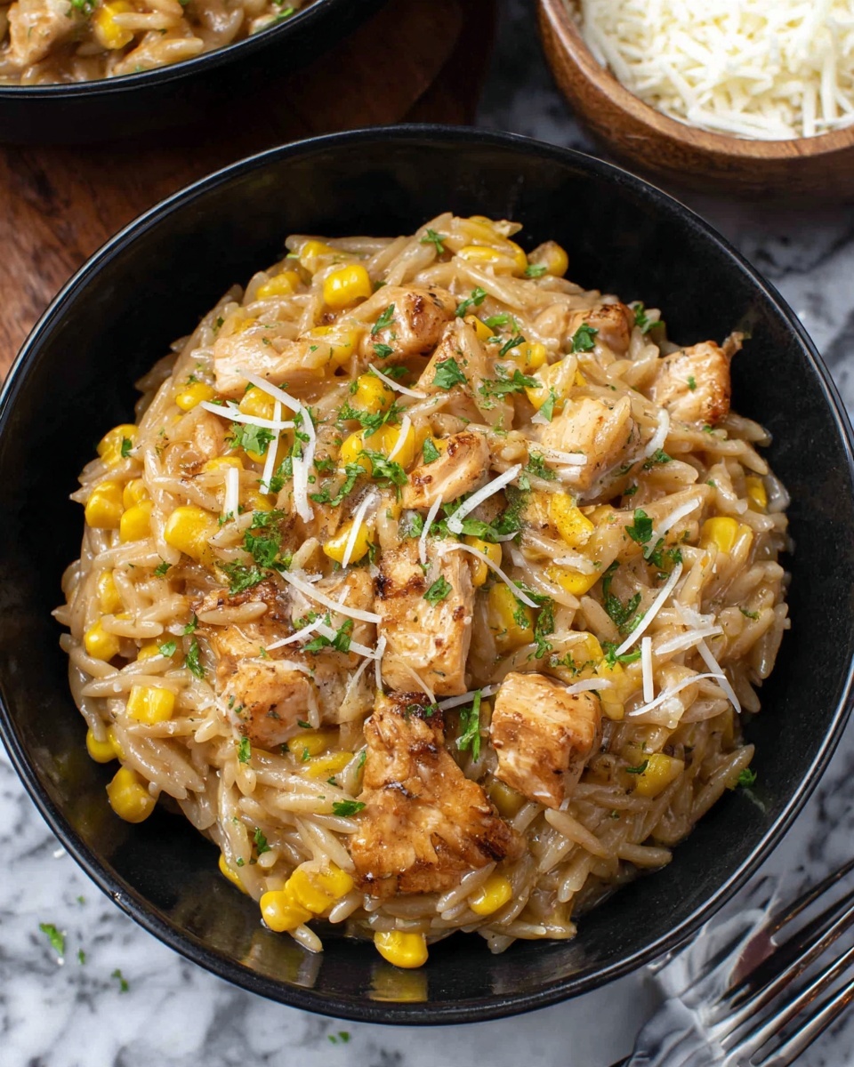 A close-up view of a white bowl filled with a creamy dish that has small pieces of browned chicken, yellow corn kernels, and orzo pasta, all mixed together. The orzo is light brown and coated with a creamy sauce. The chicken pieces are scattered throughout, showing a lightly seasoned outer texture. Small green herbs and a bit of shredded white cheese are on top, adding color contrast. A silver spoon is inside the bowl, partly submerged in the mixture. The bowl sits on a white marbled surface. Photo taken with an iphone --ar 4:5 --v 7