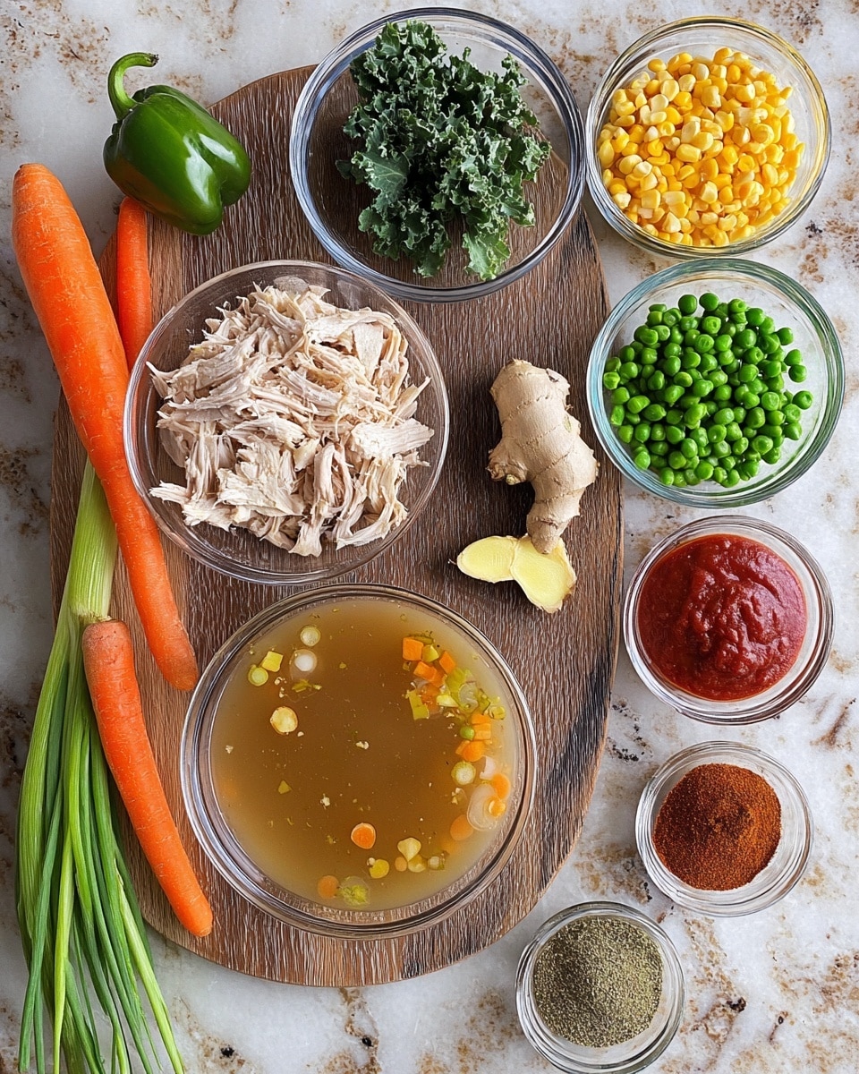The image shows a wooden board on a white marbled surface with several small clear glass bowls placed on and around it. One bowl contains shredded cooked chicken with light brown grill marks, another has yellow frozen corn kernels, a third bowl has green frozen peas, and a fourth bowl holds dark green frozen kale pieces. There is a small pile of four garlic cloves and a chunk of fresh ginger in the center of the wooden board, along with a large dark green pepper. Next to the bowls on the board is a round bowl filled with a light brown broth containing orange and small bits floating inside. Seasonal vegetables include two orange carrots, green celery stalks with leaves, green onion stalks with white bulbs, a red onion, and chives. There is also a small bowl with red tomato paste and another bowl with three different spices including ground brown and red powders, and dried green herbs. All items are arranged neatly with some space between them. Photo taken with an iphone --ar 4:5 --v 7
