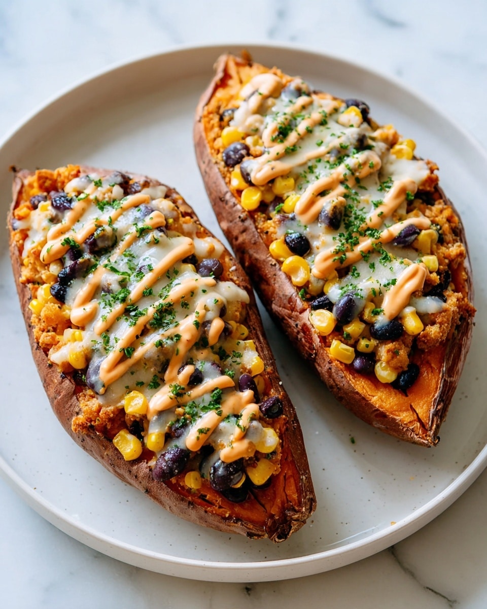 The image shows two roasted sweet potato halves placed side by side on a white plate with a white marbled surface underneath. Each half is filled with a mix of yellow corn kernels and black beans, topped with melted white cheese that covers the filling evenly. There are light orange sauce drizzles on top in zigzag lines, and a sprinkle of green herbs adds a final touch of color. The sweet potato skin is deep brown with slight roasting marks, making the dish look warm and inviting. Photo taken with an iphone --ar 4:5 --v 7