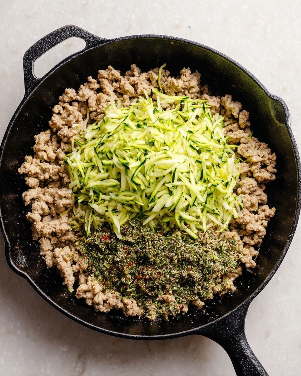 The image shows a black cast iron pan filled mostly with cooked ground meat that is light brown. On top of the meat, there are two piles of shredded green zucchini placed near the center, and next to the zucchini there is a sprinkle of crushed herbs and spices that are light green with some reddish bits. The pan is placed on a white marbled surface. photo taken with an iphone --ar 4:5 --v 7