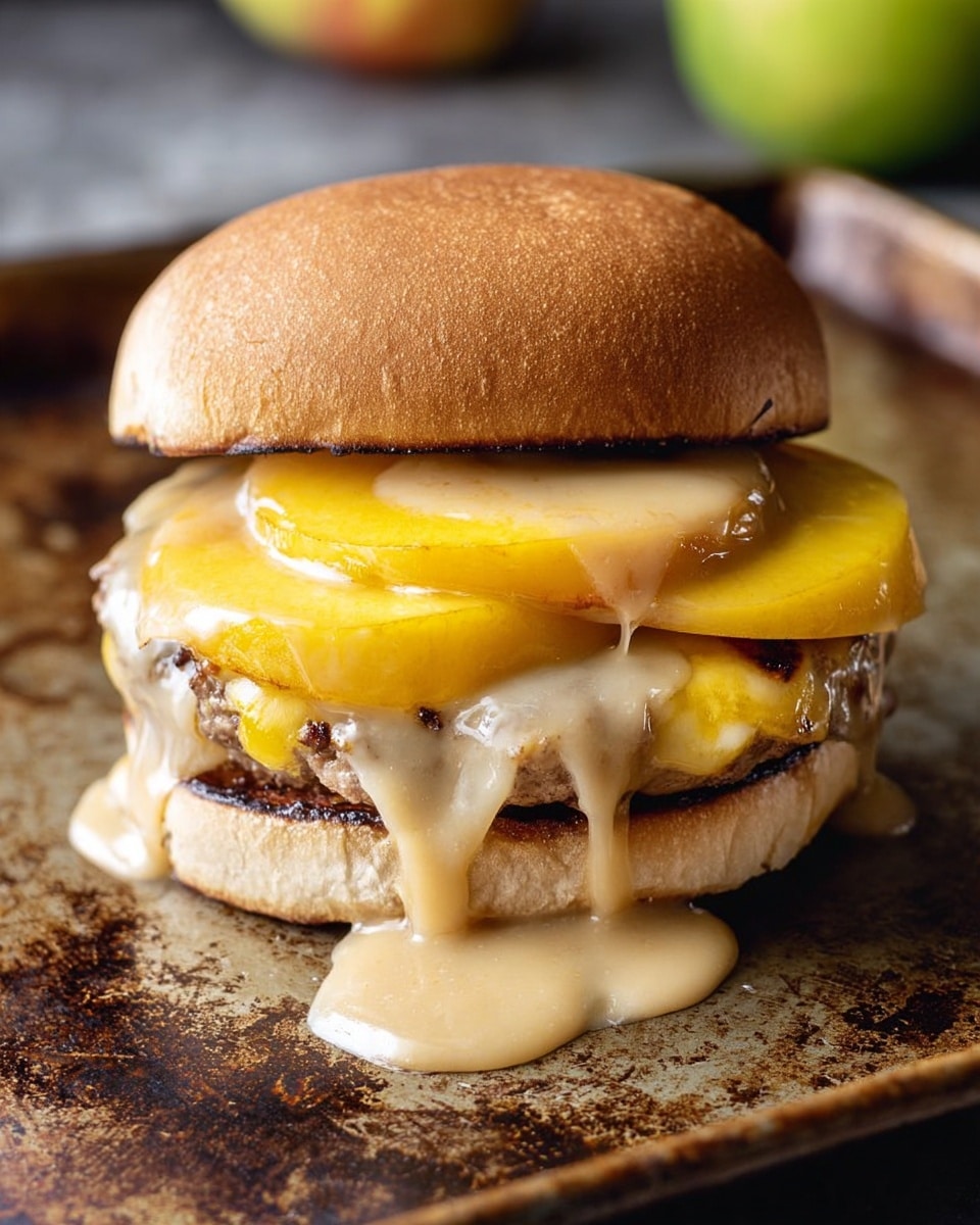 The image shows a sandwich with three main layers on a slightly brown toasted bun, sitting on a worn metal baking tray. The bottom bun is light brown and firm. On it rests a thick, grilled patty with melted yellow cheese oozing slightly down the sides. Above the patty, there are two round slices of fresh, bright yellow peach with smooth skin visible on the edges. Creamy, light brown sauce flows over the peach slices and drips onto the bun and tray. The top bun is placed slightly tilted, showing part of the glossy sauce underneath. Photo taken with an iphone --ar 4:5 --v 7