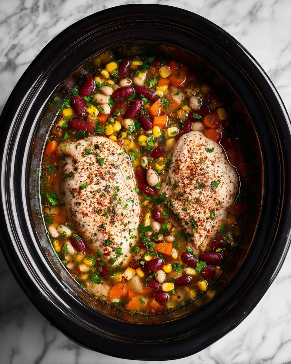 Inside a black slow cooker, there are two large raw chicken pieces placed side by side on top of a colorful mix of soup ingredients. The bottom layer is a broth filled with small beans, corn, and chopped herbs, showing a mix of green, yellow, brown, and white colors. The chicken pieces are sprinkled with reddish and brown spices, adding texture and color contrast. The dish is set against a white marbled surface. photo taken with an iphone --ar 4:5 --v 7