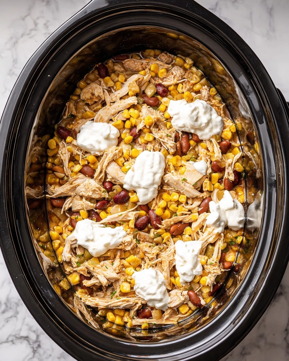 Inside a black slow cooker, there is a colorful layered dish made of shredded light brown chicken mixed with yellow corn kernels, light brown and reddish beans, and small pieces of green chilies all spread evenly. On top, there are several dollops of white creamy sour cream scattered across the dish. The slow cooker sits on a white marbled surface. photo taken with an iphone --ar 4:5 --v 7