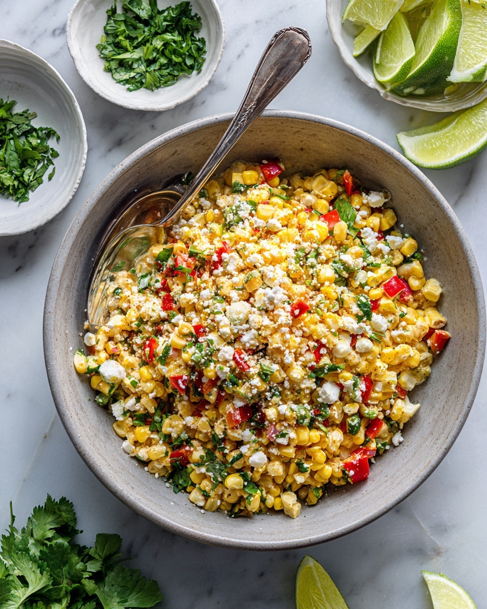 A gray bowl holds a colorful mix of bright yellow corn kernels, small pieces of red and green peppers, and chopped fresh green herbs mixed with white crumbles of cheese scattered on top. There are creamy light orange dressing patches visible throughout the mixture. A silver spoon rests inside the bowl on the left side. Nearby, small white bowls contain more chopped green herbs, with lime slices placed on the white marbled surface around the main bowl. photo taken with an iphone --ar 4:5 --v 7