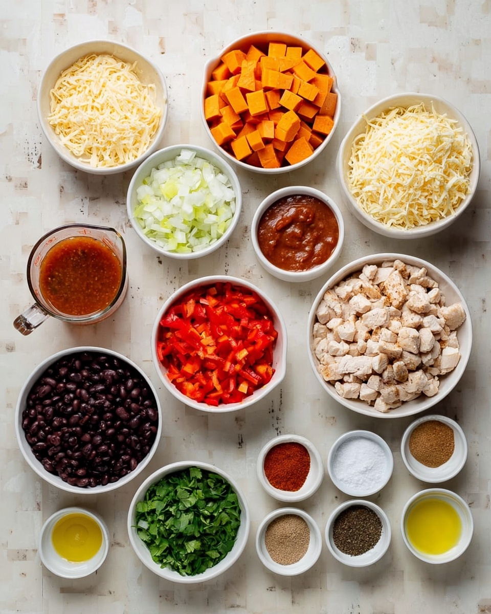 The image shows many small white bowls and one clear glass measuring cup, all filled with different chopped or whole ingredients placed on a white marbled surface. There are four larger white bowls filled with diced orange sweet potatoes, shredded pale yellow cheese, chopped white onions, and chopped light beige cooked chicken. Three smaller white bowls hold black beans, diced red bell peppers, and fresh green chopped cilantro. The clear glass measuring cup contains a reddish-brown sauce. Around these are small white bowls with various seasonings: white salt, ground cumin, chopped garlic, black pepper, smoked paprika, chili powder, and two bowls of yellow olive oil. The bowls are arranged neatly in rows, providing a colorful and organized display of the ingredients photo taken with an iphone --ar 4:5 --v 7