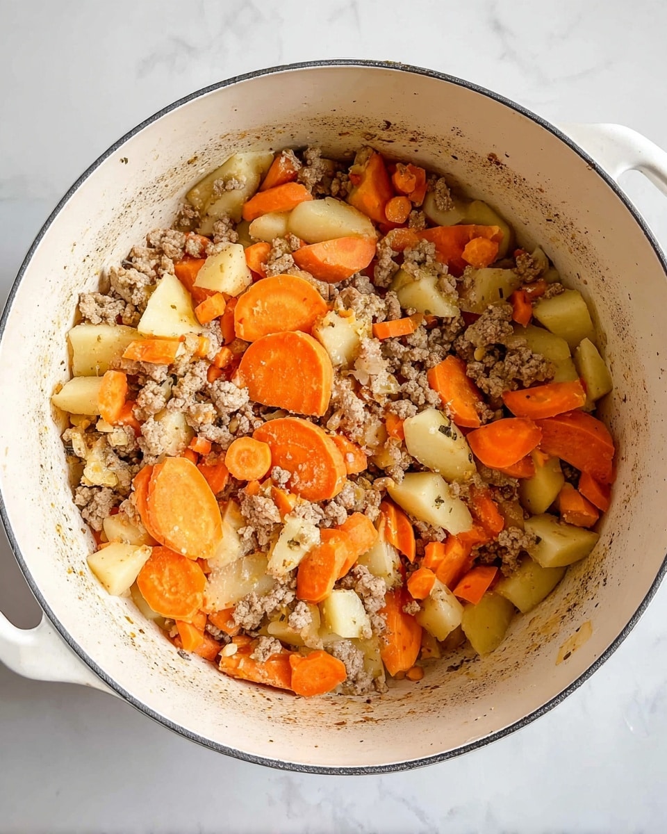 Inside a white pot, there is a mix of chopped cooked vegetables and ground meat. The dish has three main layers: the base layer with small light beige ground meat pieces, the second layer with thick orange sweet potato slices, and the third layer with round, thin carrot slices along with small chunks of light beige potato. The colors are mostly beige and orange with some bits of white from the potato. The pot stands on a white marbled surface. photo taken with an iphone --ar 4:5 --v 7