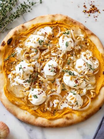 Pumpkin Pizza with Burrata, Onions, and Pine Nuts Recipe