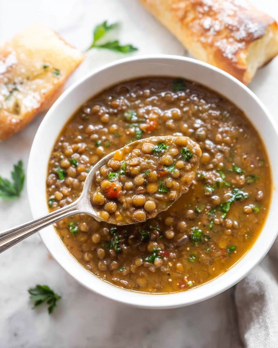 A white bowl filled with lentil soup, showing a thick, brown broth with whole lentils throughout. The soup has small green parsley pieces scattered on top and some little red bits mixed in. A spoon holds a scoop of the soup close to the camera, showing lentils and parsley clearly. In the background, there are two pieces of bread with a dusting of flour and some parsley sprigs on a white marbled surface. photo taken with an iphone --ar 4:5 --v 7