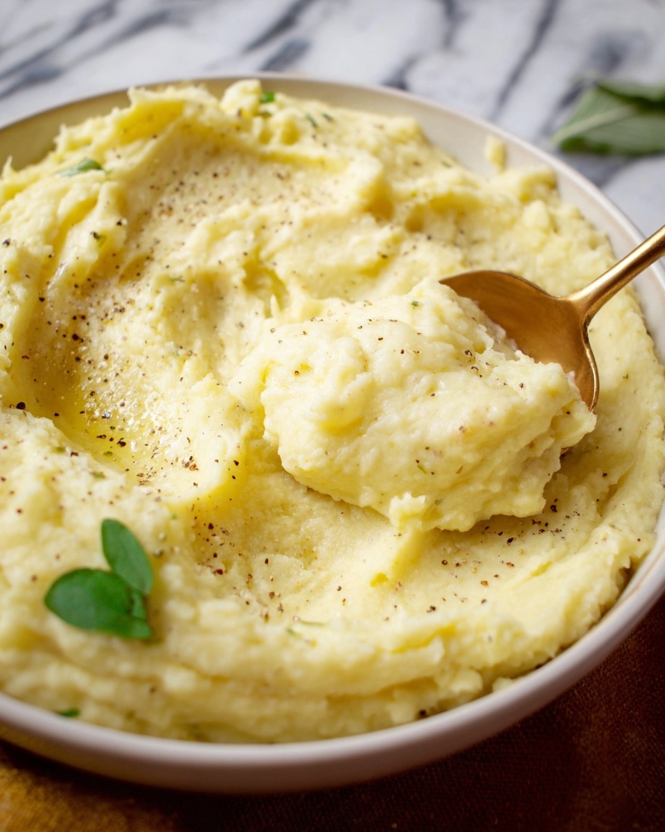 A close-up view of a single dish featuring creamy mashed potatoes with black pepper sprinkled on top, showing a smooth and slightly lumpy texture in a white bowl with a glossy finish. A spoon with a gold handle is scooping a portion near the center-right of the bowl, highlighting the soft and fluffy potato mixture. There is a small green herb garnish near the bottom center of the dish, and the background has a white marbled texture. Photo taken with an iphone --ar 4:5 --v 7