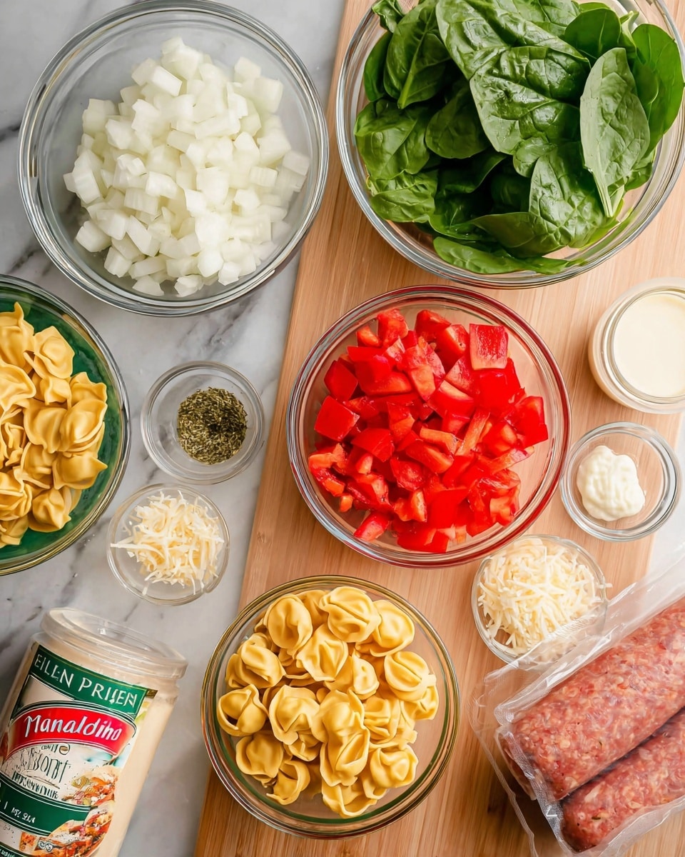 A top view of several clear glass bowls on a white marbled surface with different ingredients: one bowl with chopped white onions at the top left, one with fresh green spinach leaves at the top right, one with bright red chopped bell peppers below the onions, and one with yellow tortellini pasta below the spinach. Below these bowls are small glass bowls containing minced garlic, dried herbs, and shredded cheese. To the left is a jar of creamy alfredo sauce and a carton of chicken broth, while to the right is a package of Italian sausage. All items are neatly arranged with clear details and vibrant colors photo taken with an iphone --ar 4:5 --v 7