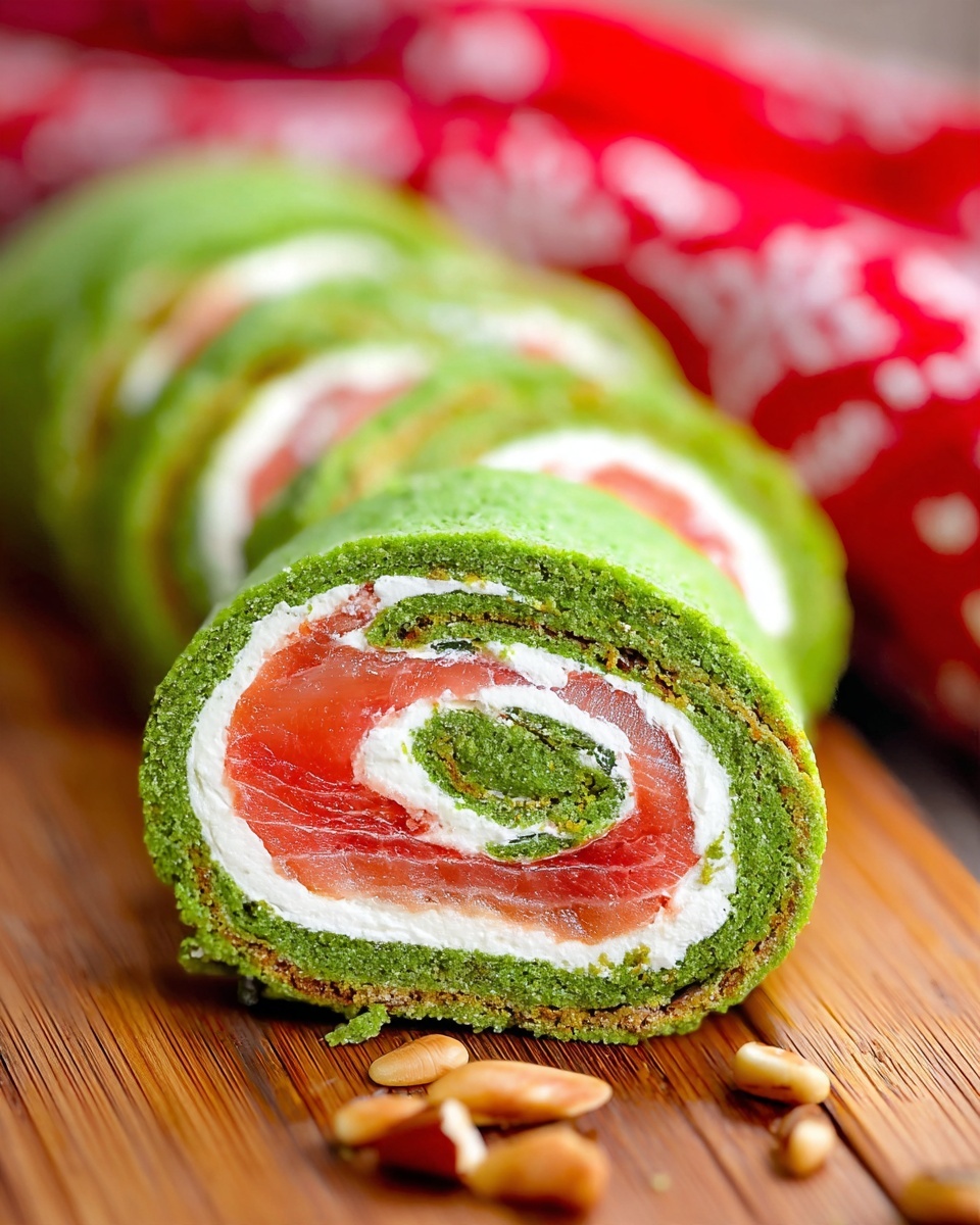 A close-up view of a rolled dish sliced into multiple pieces, showing three visible layers: a bright green outer layer with a soft, smooth texture, a middle creamy white layer, and an inner pinkish layer with a slightly shiny and delicate texture. The roll slices are arranged in a diagonal line on a wooden surface with small green leaves and a few small light-colored seeds scattered around. In the background, there is a red and white checkered cloth that is slightly out of focus. photo taken with an iphone --ar 4:5 --v 7