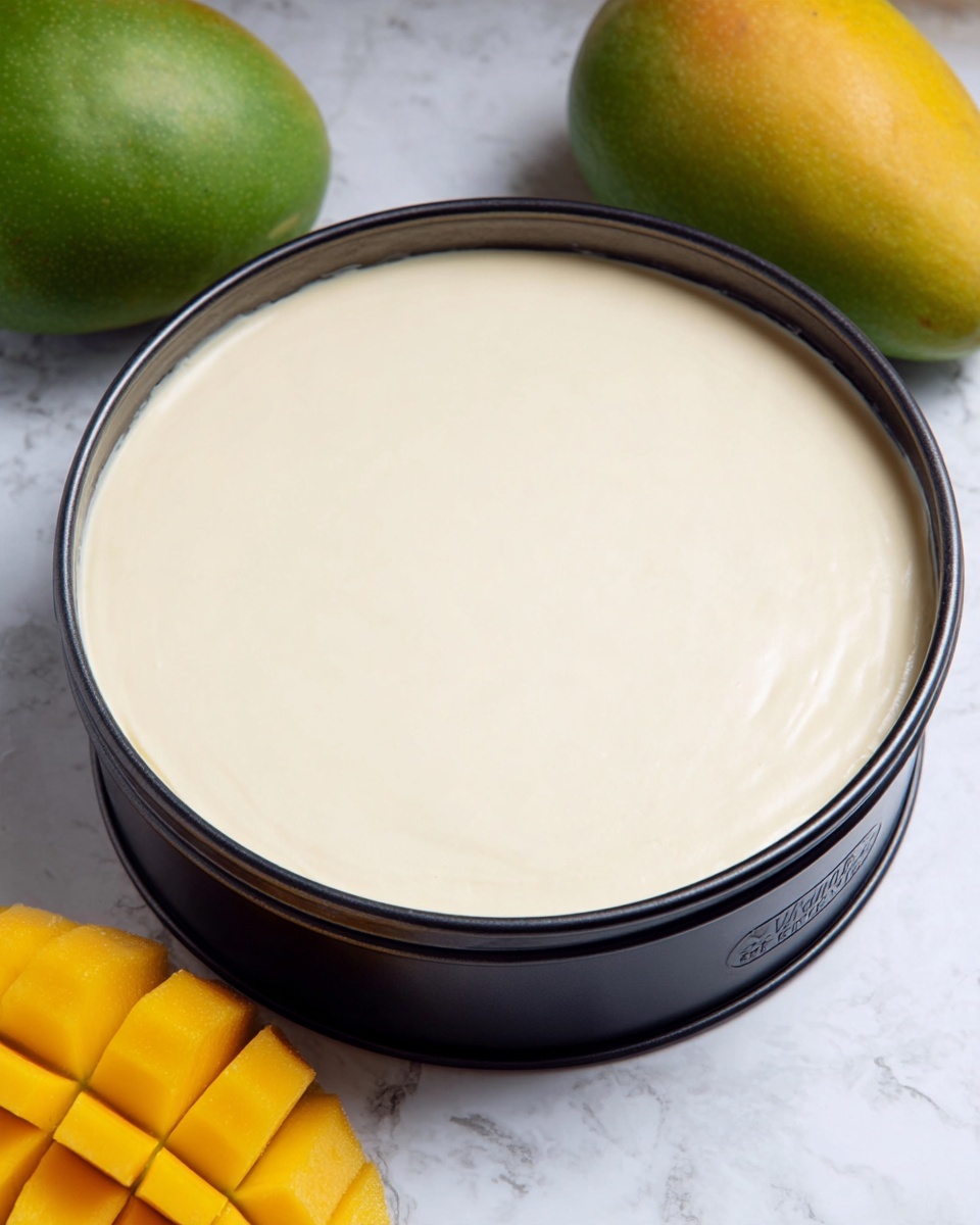 A smooth, creamy white layer of cheesecake batter fills a round black springform pan completely, showing an even and glossy surface. The pan sits on a white marbled texture with two green mangoes and one bright yellow mango cut in a grid pattern placed softly around it, adding a fresh and natural touch to the scene. The edges of the pan are clean and sharp, highlighting the thick and smooth texture of the cheesecake batter inside. photo taken with an iphone --ar 4:5 --v 7