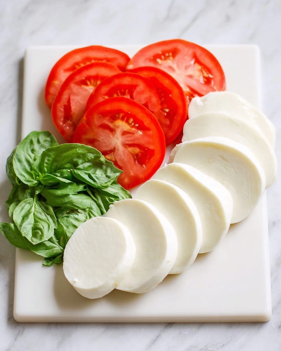 The image shows fresh ingredients on a white cutting board placed on a white marbled surface. There are seven slices of white mozzarella cheese lined up in a row at the front, each smooth and slightly curved. Behind the cheese, there are several red tomato slices stacked closely together, showing their juicy texture and seeds inside. To the left of the tomatoes, there are green basil leaves with a natural leafy texture, slightly curled and fresh-looking. The overall setup is simple and clean, focusing on the bright, natural colors of the ingredients. photo taken with an iphone --ar 4:5 --v 7