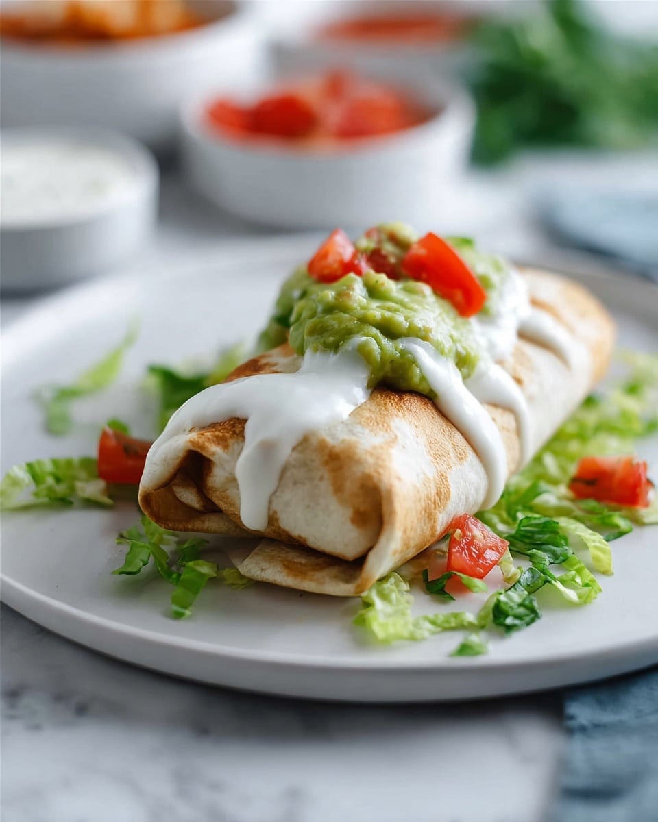 The image shows a soft, folded tortilla wrap lying on a white plate, filled and wrapped tightly, with a pale golden brown color and slight toasty spots. On top of the wrap, there are two different sauces: a thick white creamy sauce drizzled over the middle and a bright green chunky guacamole layer placed near the top, each topping partly blending into one another. Small pieces of red tomato garnish sit on top of the guacamole and around the wrap on the plate. Around the wrap on the white plate, there are scattered bright green lettuce leaves with a slightly ruffled texture, adding freshness and color contrast. The plate is set on a white marbled surface with blurred bowls of sauces and some tomato pieces visible in the soft background. photo taken with an iphone --ar 4:5 --v 7