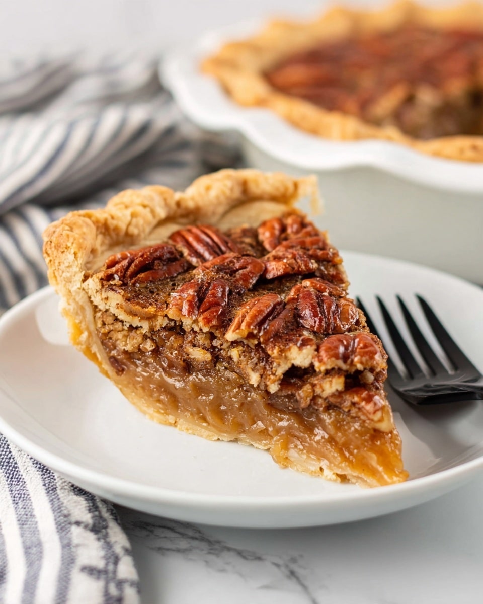 A single slice of pecan pie is shown on a white plate. The pie has three visible layers: a golden-brown crust layer with a slightly flaky texture on the bottom and edges, a thick shiny caramel-colored filling in the middle, and a top layer of whole toasted pecans arranged close together. The pie crust edges are thick and crimped, creating a raised border around the slice. The background is a white marbled surface with a striped cloth nearby, a black fork lying next to the plate, and part of the pie dish with the rest of the pie visible behind. photo taken with an iphone --ar 4:5 --v 7