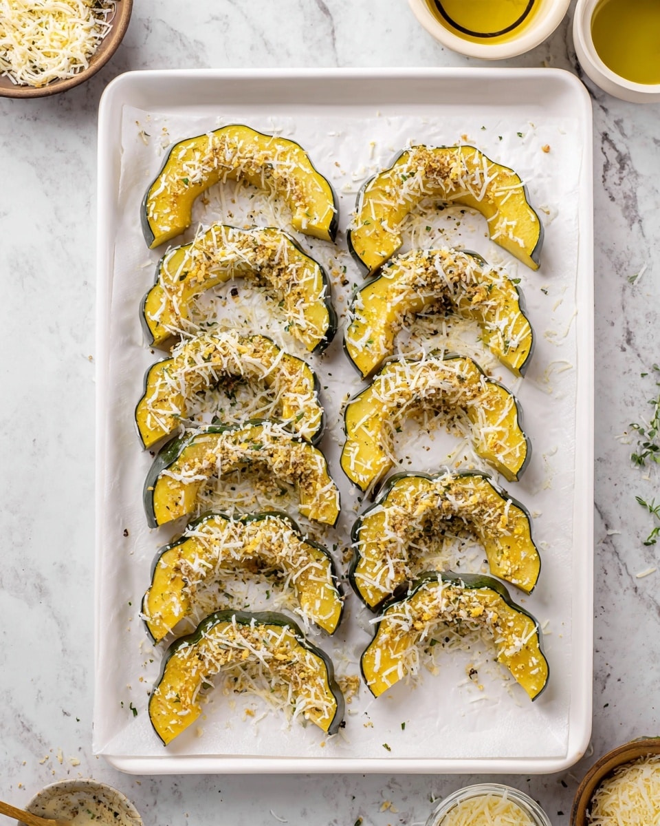 A white tray lined with parchment paper holds two columns of yellow-green slices of acorn squash, each slice sprinkled with small bits of shredded white cheese and light brown herbs spread evenly on top. The squash slices have a semi-circular shape with ridged edges and dark green skin along the outer curve. The surface beneath the tray is a white marbled texture, and to the sides are glimpses of small bowls with grated cheese and golden oil, with some green herbs visible at the corners. photo taken with an iphone --ar 4:5 --v 7