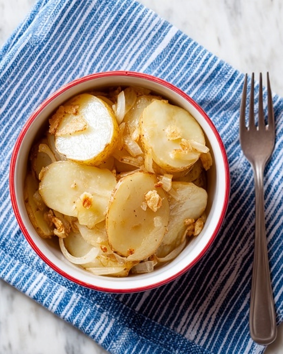 A white bowl filled with sliced potatoes and onions cooked together, lightly browned with bits of garlic on top. The potato slices are pale yellow with some light golden edges, layered unevenly with translucent, soft onion slices. The bowl sits on a blue and white striped cloth on a white marbled surface, with a silver fork nearby. The scene is bright and simple. photo taken with an iphone --ar 4:5 --v 7