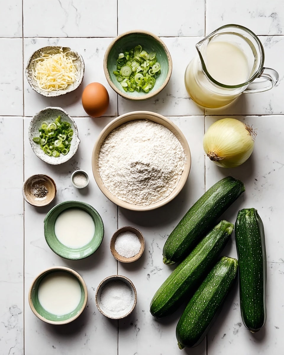 The image shows an arrangement of ingredients for cooking, all laid out neatly on a white marbled tile surface. There are three green zucchinis placed side by side on the right, with a yellow onion nearby. In the middle, there's a large beige bowl filled with white flour, next to a brown egg. On the left, a small white bowl holds grated cheese, and nearby, a white bowl contains chopped green onions. Smaller bowls in various earth tones hold salt, pepper, garlic powder, and cornstarch. A clear glass pitcher with a light yellow liquid, a small glass pitcher with milk, and a light green bowl with sour cream complete the setting. The ingredients are spaced out evenly, creating a clean and organized look. photo taken with an iphone --ar 4:5 --v 7