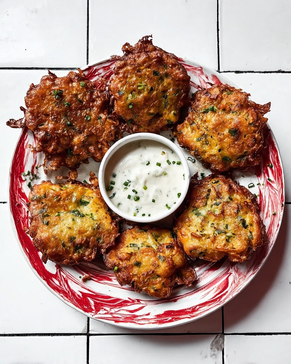 A stack of five crispy golden brown fritters with visible dark green herbs and tiny vegetable bits inside, placed in a white bowl with red swirls, lined with white paper. The fritters are thick and uneven with rough edges and a crunchy texture. Small coarse salt flakes and chopped green onion pieces are sprinkled on top for garnish. The scene is set on a white marbled surface with a plain white wall background. Photo taken with an iphone --ar 4:5 --v 7