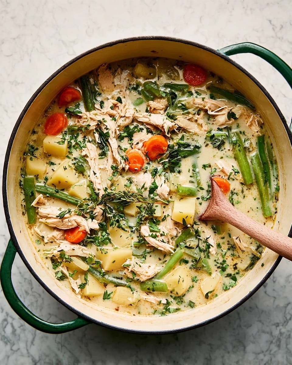 A deep white pot filled with a creamy chicken soup showing multiple layers: the base layer is a light creamy broth; on top of it, chunks of light beige shredded chicken are spread throughout, mixed with bright orange carrot slices, light yellow potato cubes, and long green beans and celery sticks. Fresh chopped green herbs are sprinkled generously over the whole dish. A wooden spoon lies inside the pot, partially submerged in the soup. The pot is placed on a white marbled surface. photo taken with an iphone --ar 4:5 --v 7