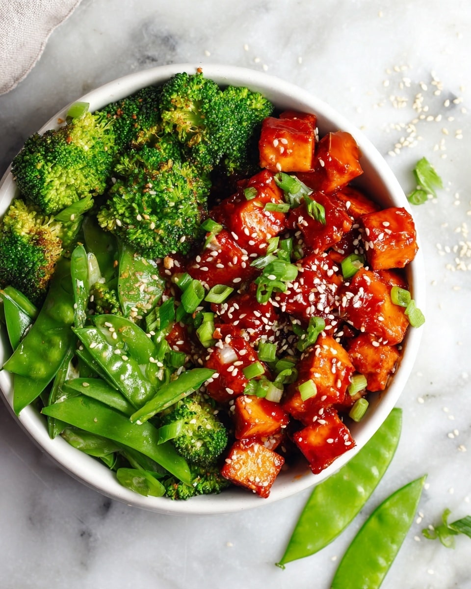A white bowl filled with a colorful meal divided mainly into two sections: on one side, bright green broccoli florets and snap peas with a fresh texture, sprinkled lightly with sesame seeds; on the other side, cubed tofu coated in a shiny reddish-brown sauce, topped with white sesame seeds and chopped green onions. The bowl sits on a white marbled surface with a few sesame seeds scattered around, and a few snap peas placed nearby. Photo taken with an iphone --ar 4:5 --v 7