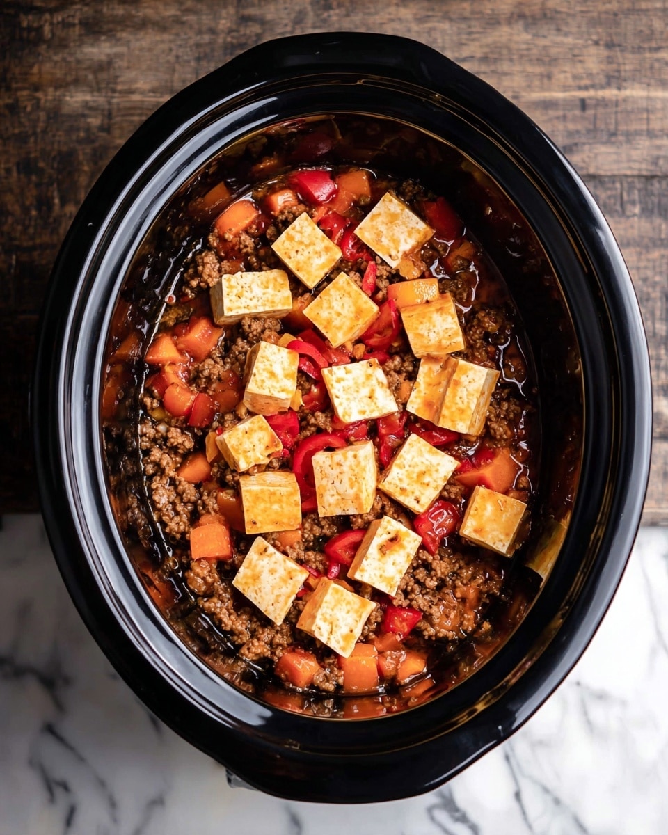 The image shows a black oval slow cooker filled with a mixture of cooked ground meat mixed with diced red and orange vegetables at the bottom layer. On top, there are large cubes of light orange cheese or tofu scattered unevenly. The colors include the reddish-brown of the cooked meat, the bright red and orange of the vegetables, and the pale orange of the cubes, all contained within the smooth, shiny black surface of the cooker, which sits on a white marbled surface. photo taken with an iphone --ar 4:5 --v 7