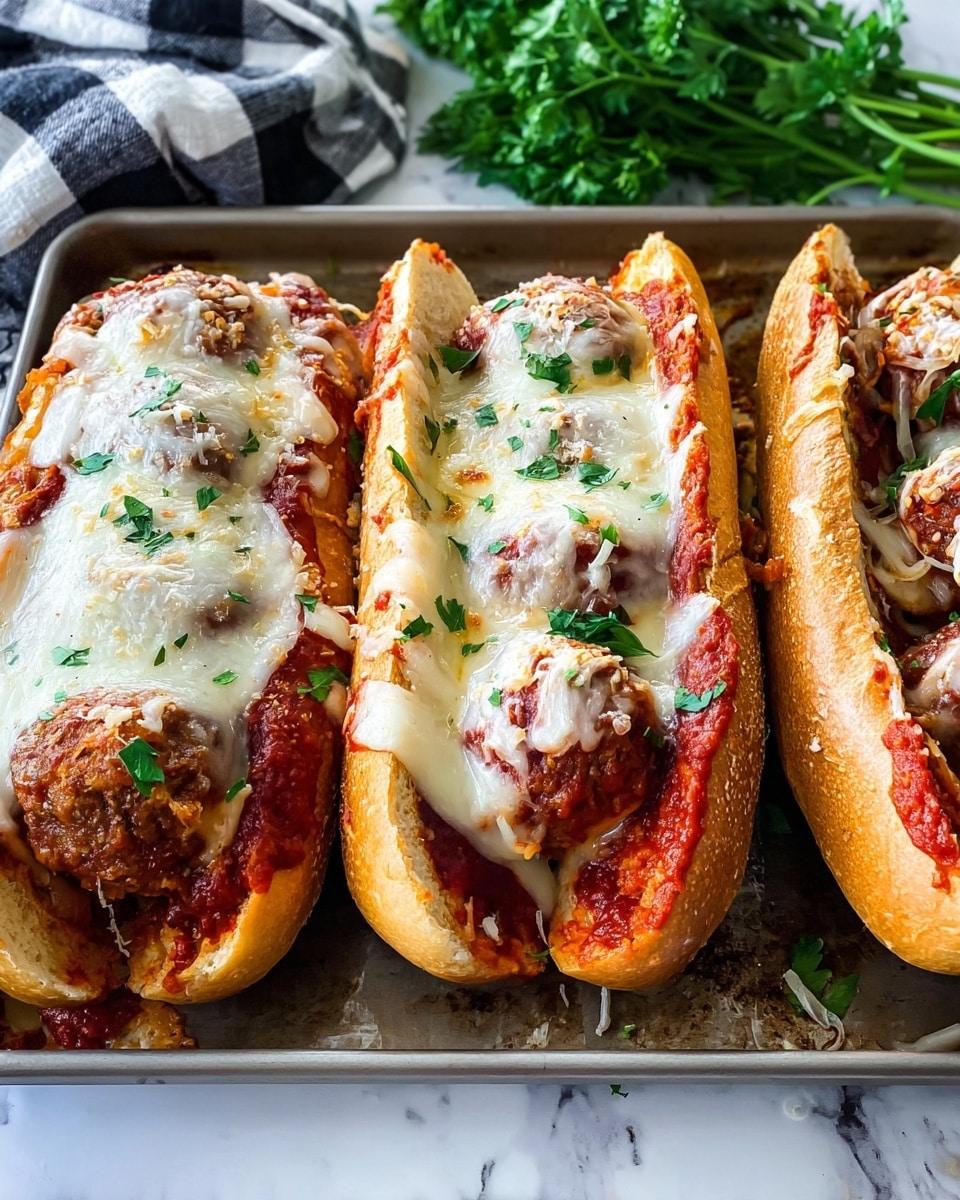 A tray with six meatball subs lined up, each sandwich made of a white toasted bun filled with three brown meatballs in red tomato sauce, topped with melted white cheese and sprinkled with green parsley and light brown seasoning. At the top left corner, a white bowl filled with shredded white cheese sits next to fresh green parsley on a black and white checkered cloth, all set on a white marbled surface. photo taken with an iphone --ar 4:5 --v 7