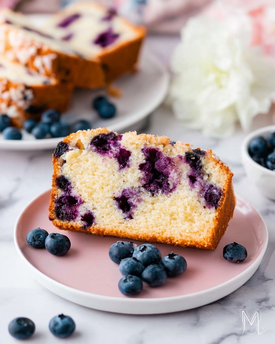 A slice of blueberry cake rests on a white plate with a pink plate underneath, both on a white marbled surface. The cake has a light golden crust with a soft, crumbly texture inside and is filled with dark purple blueberries scattered throughout. Around the slice, several whole fresh blueberries add a pop of color. In the background, more slices of the blueberry cake sit on another white plate. To the right, there are soft white petals of a flower, adding a gentle touch to the scene. photo taken with an iphone --ar 4:5 --v 7