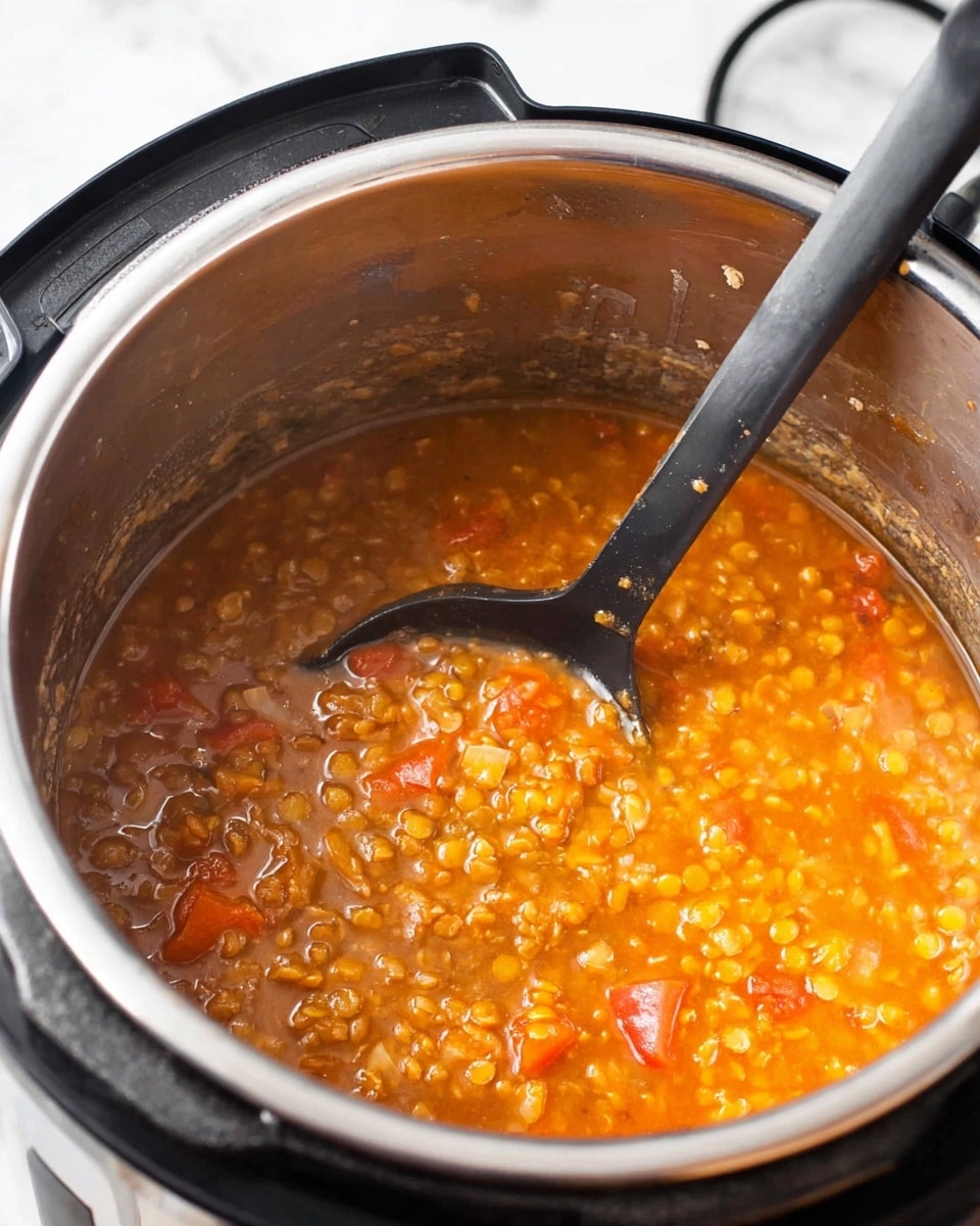A close-up view of an Instant Pot filled with a thick, orange-brown lentil soup that has visible small lentils and chunks of tomatoes and carrots mixed throughout. The soup appears warm and slightly bubbling, with a glossy surface texture and some steam rising from it. Inside the pot, a black ladle is partially submerged and resting against the side, showing the soup’s medium-thick consistency. The interior of the pot is metallic with slight splashes of soup on its sides. The background and surface around the Instant Pot show a white marbled texture. photo taken with an iphone --ar 4:5 --v 7
