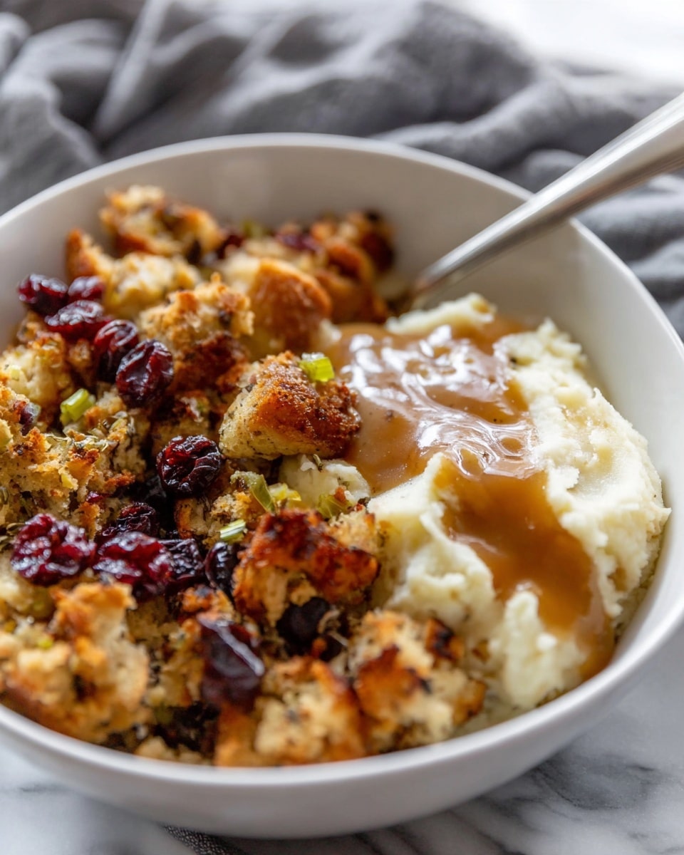 A close-up view of a white bowl filled with two layers of food: on the left, a chunky stuffing mix with pieces of golden brown bread, dark cranberries, bits of celery, and herbs giving a textured look; on the right, a smooth mound of creamy mashed potatoes topped with a shiny layer of brown gravy. A silver spoon is placed inside the bowl, resting behind the food, and a soft gray cloth is blurred in the background over a white marbled surface. photo taken with an iphone --ar 4:5 --v 7