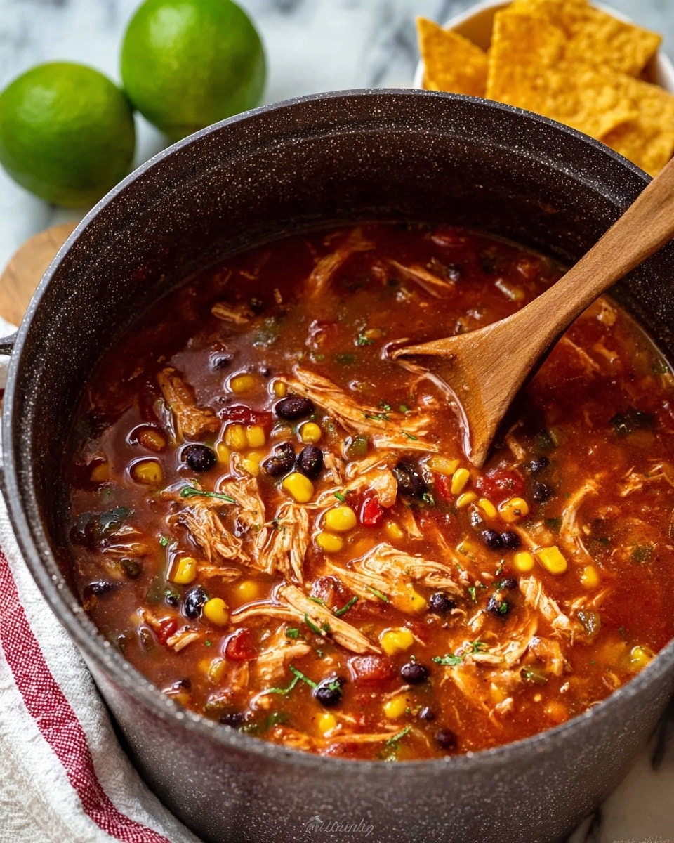 A close-up view of a dark textured pot filled with three layers of thick, red soup containing shredded light brown chicken, black beans, yellow corn, diced green and red peppers, and small green herbs spread evenly throughout. In the lower right corner, a wooden spoon stirs the soup. Behind the pot, there are two bright green lime halves and an off-white cloth with red stripes, as well as a white napkin holding orange-yellow tortilla chips. The set is on a white marbled surface. Photo taken with an iphone --ar 4:5 --v 7