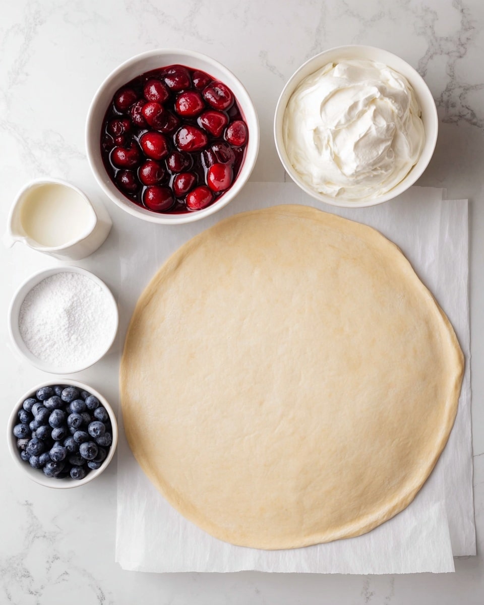 A large, flat, round dough sheet with a smooth, pale beige surface is placed on white parchment paper on a white marbled countertop. Surrounding it are small white bowls with different ingredients: one with bright red whole cherries in a glossy syrup, one with soft white whipped cream with a fluffy texture, one with small white granules of sugar, and one with fresh, plump dark blue blueberries. There is also a small white jug with cream or milk visible. The scene is bright and clean, showing preparation for a fruit dessert. Photo taken with an iphone --ar 4:5 --v 7