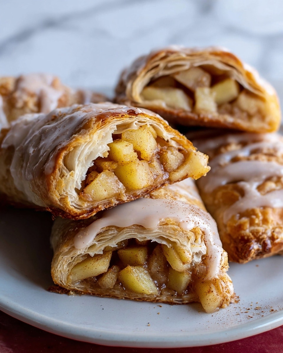 The image shows several rectangular pastries with a golden brown, flaky crust. Each pastry has fine sugar crystals sprinkled on top, giving a slight sparkle. A light tan glaze is being drizzled over the pastries in thin, uneven lines, adding a creamy texture on top. The pastries rest on a white marbled surface with some shiny spots of glaze and faint brown baking marks. The pastries are evenly spaced, showcasing crisp edges and layered folds in their crusts. Photo taken with an iphone --ar 4:5 --v 7
