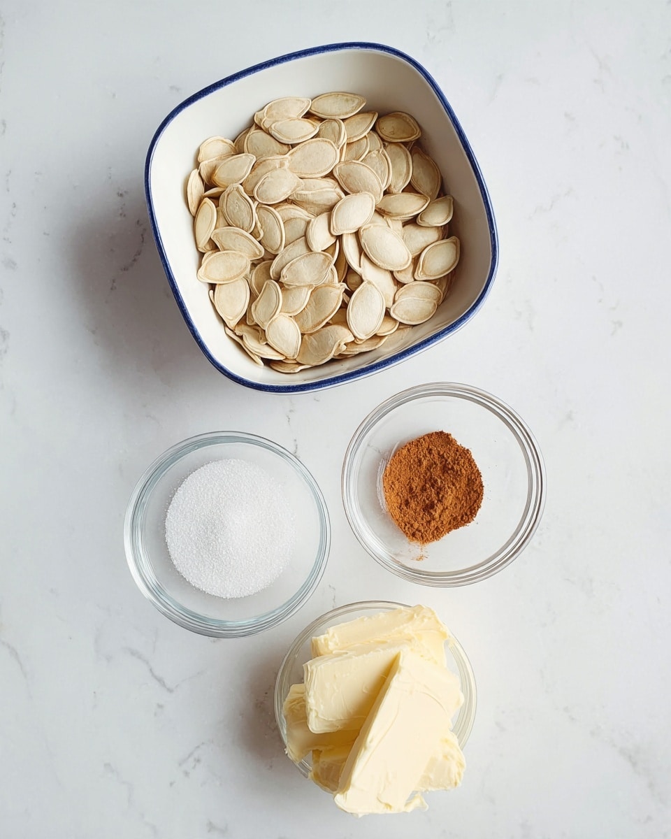 A top view of four bowls on a white marbled surface with seeds and ingredients. At the top is a white square bowl with blue trim filled with many light tan pumpkin seeds, smooth and dry. Below it are three small round clear glass bowls in a vertical line; the first bowl contains white granulated sugar, the second holds a small heap of brown cinnamon powder, and the third has four thick sticks of pale yellow butter stacked together. photo taken with an iphone --ar 4:5 --v 7