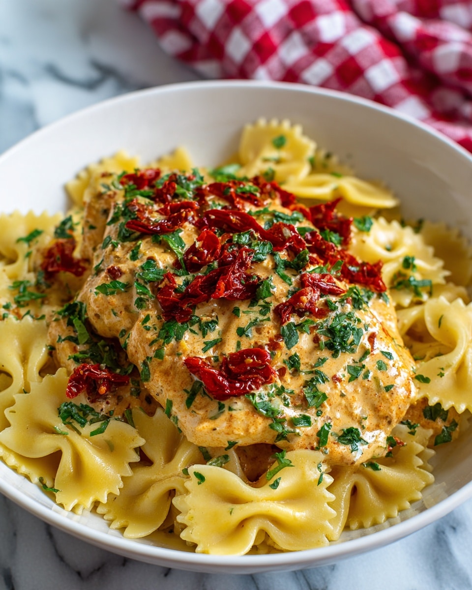 The dish shows one layer of yellow bowtie pasta at the bottom with a smooth texture. On top, there is a thick piece of creamy light orange chicken covered with small pieces of bright red dried tomatoes. Over the chicken and pasta, there is a generous sprinkle of fresh green chopped parsley, adding a fresh look. The food is served in a white bowl on a white marbled surface, with a red and white checkered cloth blurred in the background. photo taken with an iphone --ar 4:5 --v 7