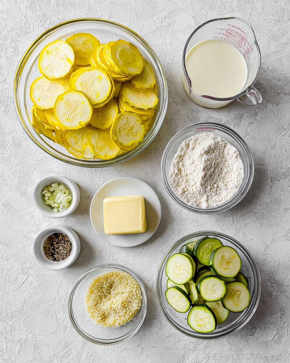 The image shows several clear glass bowls and small white dishes arranged on a white marbled surface. In the top left is a large glass bowl full of thin, round yellow squash slices layered and overlapping each other. To the right of it, there is a clear glass measuring cup filled with a creamy white liquid. Below the squash bowl, there is a smaller clear glass bowl with white flour. Next to it is a small white dish with a square of butter. On the bottom right side, there is another clear glass bowl with green zucchini sliced into round pieces stacked neatly. To the left of that, a small white dish holds minced garlic. Above it, a tiny clear glass bowl contains mixed black pepper and salt. At the bottom center, a clear glass bowl contains coarse breadcrumbs with some butter pieces mixed in. All items are set on a textured white marbled surface, photo taken with an iphone --ar 4:5 --v 7