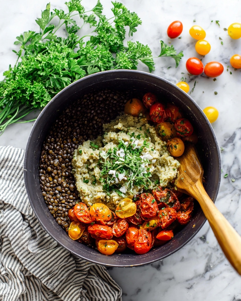 A black pot sits on a white marbled surface filled with several layers of ingredients: at the left side, dark brown lentils form one layer; at the bottom, roasted red and yellow cherry tomatoes are scattered; on the upper right, a mound of mashed pale green eggplant is present, topped with chopped white garlic and small green herb leaves. A wooden spoon rests inside the pot on the right side with its handle extending outwards. Nearby, fresh green parsley and whole cherry tomatoes are visible on the white marbled surface, accompanied by a striped cloth. Photo taken with an iphone --ar 4:5 --v 7