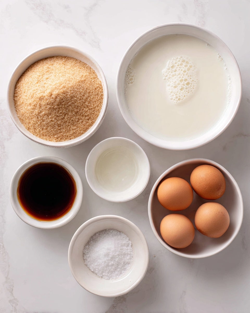 Top view of six cooking ingredients arranged on a white marbled surface: a white bowl filled with light brown coconut sugar on the left, a larger white bowl filled with whole milk with small bubbles on the top right, a smaller white bowl with clear water below the milk, three light brown eggs grouped together on the right side, a small white bowl with coarse salt placed below the coconut sugar, and a similar white bowl with dark brown vanilla extract at the bottom left. Each ingredient is labeled with black text on white backgrounds. photo taken with an iphone --ar 4:5 --v 7