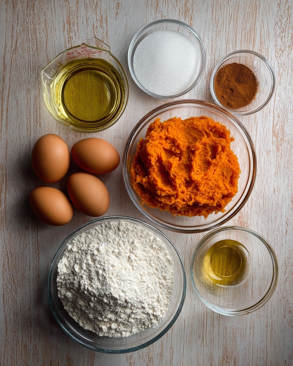 A top-down view of several clear glass bowls and one white bowl arranged on a white marbled texture, each holding different ingredients. Starting from the bottom left, there is a large clear bowl filled with white flour, next to it are five brown eggs placed directly on the surface. Above the flour bowl, a small clear bowl contains white powder. To its right, another small clear bowl holds white granulated sugar. Above the sugar bowl is a medium clear bowl with bright orange mashed sweet potato. To the right of the orange layer, a glass measuring cup holds golden-yellow oil. At the upper left above the powder bowls, there is a small white bowl with light brown ground cinnamon. The warm colors and different textures are clear, with each ingredient neatly contained. Photo taken with an iphone --ar 4:5 --v 7