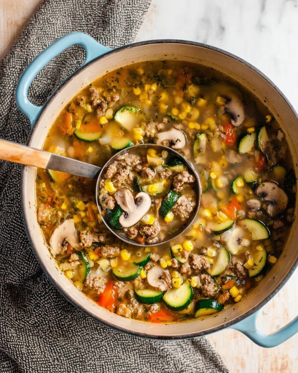 A large light blue pot filled with soup sits on a white marbled surface. The soup has a clear broth with many colorful ingredients floating inside. There are light brown ground meat pieces, sliced pale white mushrooms, light green zucchini chunks, small bright yellow corn kernels, and bits of orange carrot. A ladle is partially inside the pot scooping up the soup, showing all the ingredients mixed together clearly. A gray textured cloth is placed next to the pot on the surface. photo taken with an iphone --ar 4:5 --v 7