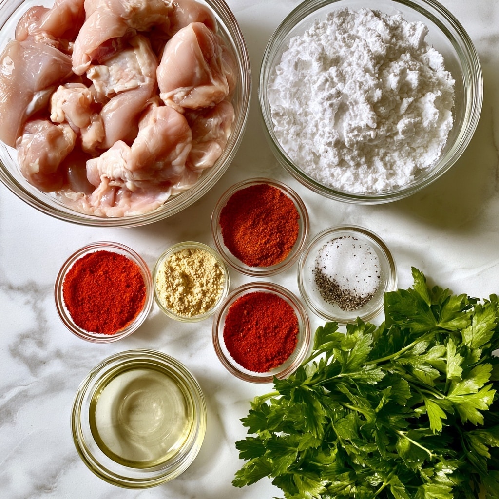 The image shows nine ingredients arranged on a white marbled surface. In the top left is a clear glass bowl filled with raw pale pink chicken pieces. To the right, another clear glass bowl contains white cornstarch powder. Below the cornstarch are small clear bowls with bright red paprika powder, light yellow garlic powder, yellowish onion powder, red cayenne pepper, and a white salt and black pepper mix, all labeled. A small bowl of clear golden olive oil or avocado oil sits near the bottom left. At the bottom right, a bunch of fresh bright green parsley leaves adds freshness. The ingredients are all neatly placed and well lit. Photo taken with an iphone --ar 4:5 --v 7