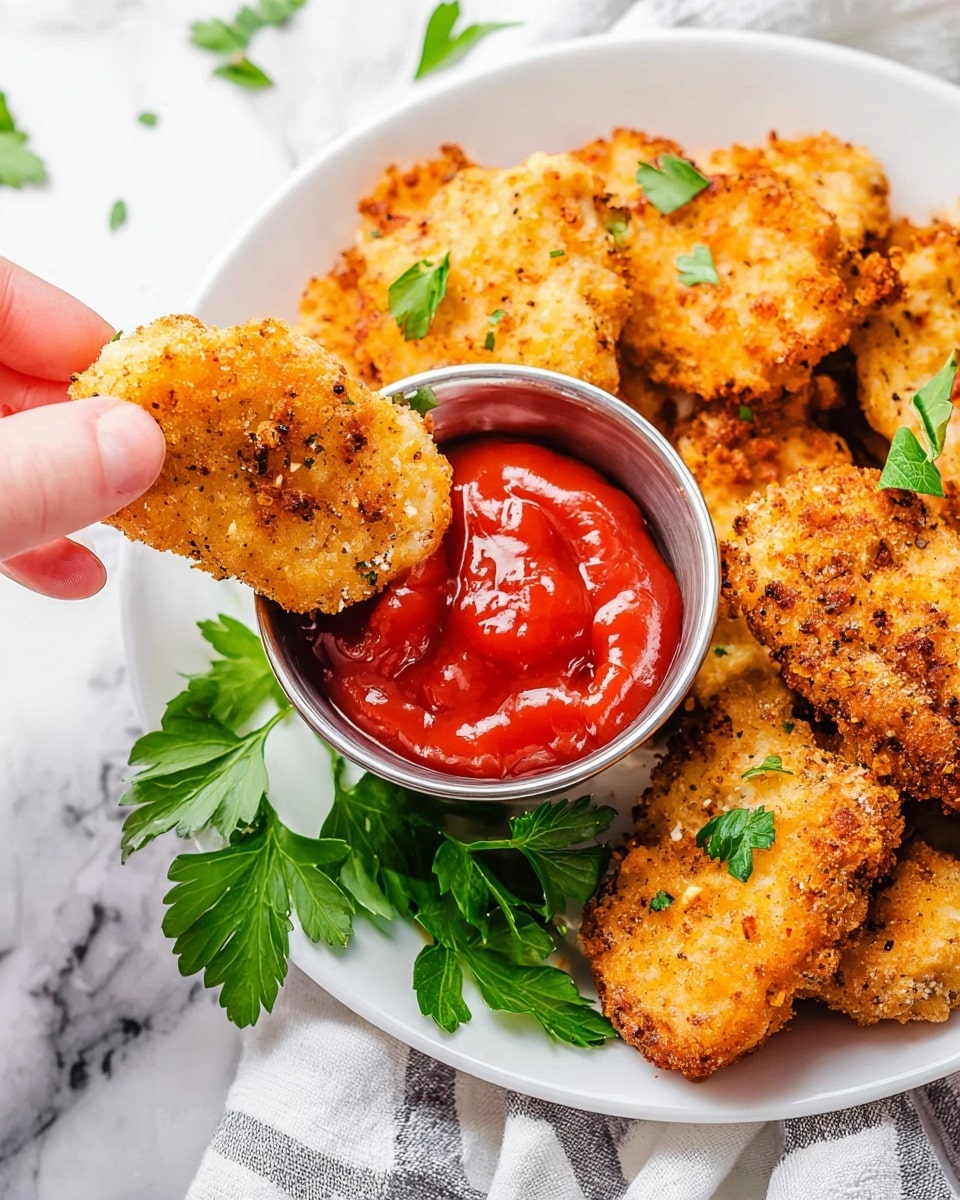 The image shows a white plate with several golden-brown, crispy fried nuggets scattered around. A small metal cup filled with bright red ketchup is placed near the center of the plate. A woman's hand is holding one nugget, dipping it into the ketchup. The nugget is textured with small black pepper flakes and topped with a few green parsley leaves. Fresh and vibrant green parsley is placed near the bottom edge of the plate. The plate is set on a white marbled surface with a part of a white and gray cloth visible underneath. photo taken with an iphone --ar 4:5 --v 7