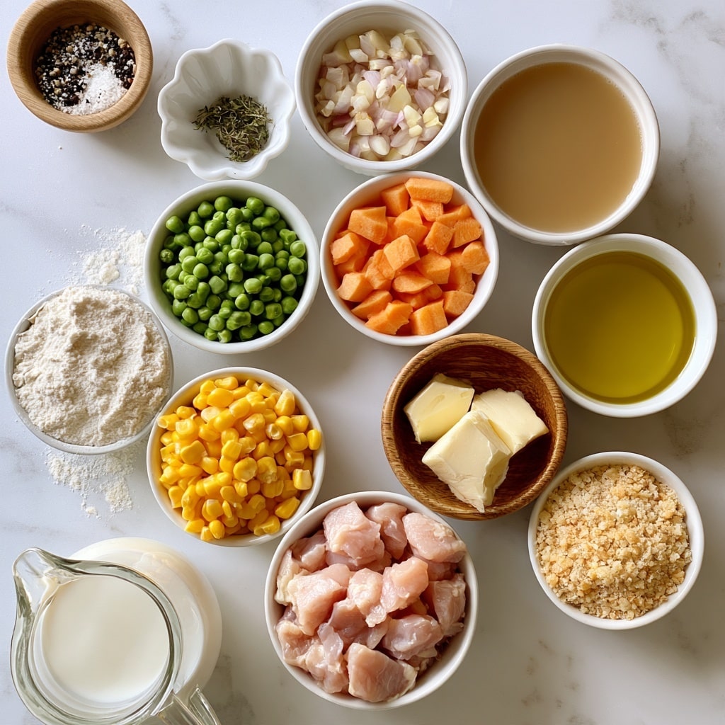 The image shows a top view of several small bowls and a glass jug arranged on a white marbled surface. There are twelve containers: diced raw chicken pieces in a white bowl at the center bottom, bright yellow corn kernels in a white bowl to the left of the chicken, green peas in a white bowl above the corn, light orange diced carrots in a white bowl above the peas, diced shallots in a white bowl above the carrots, light brown broth in a white bowl to the right of the shallots, white flour in a white bowl to the left of the broth, pale golden olive oil in a white bowl to the right of the broth, a wooden bowl with butter cubes below the broth, a white bowl with light brown panko crumbs below the butter, a wooden bowl with black and white salt and pepper mix at the top left, and a white flower-shaped dish with dried thyme below it. At the bottom left, there is a clear jug filled with white milk. All items are neatly placed with clear labels indicating the ingredients. photo taken with an iphone --ar 4:5 --v 7