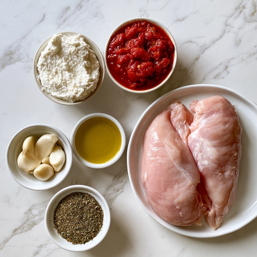 The image shows a top view of cooking ingredients arranged on a white marbled surface. On the right side, there is a white plate holding two raw chicken breasts with light pink color and smooth texture. Above it, in small white bowls, sits thick white ricotta cheese with a slightly rough surface and a chunky marinara sauce, deep red with visible tomato pieces. Near the center, there is a small white dish with golden yellow olive oil, and to the left, a small white bowl contains four peeled garlic cloves, smooth and pale. At the bottom left, another white bowl holds Italian seasoning, a mix of dried green herbs with a rough texture. The colors overall are light and natural with fresh ingredients arranged simply. Photo taken with an iphone --ar 4:5 --v 7
