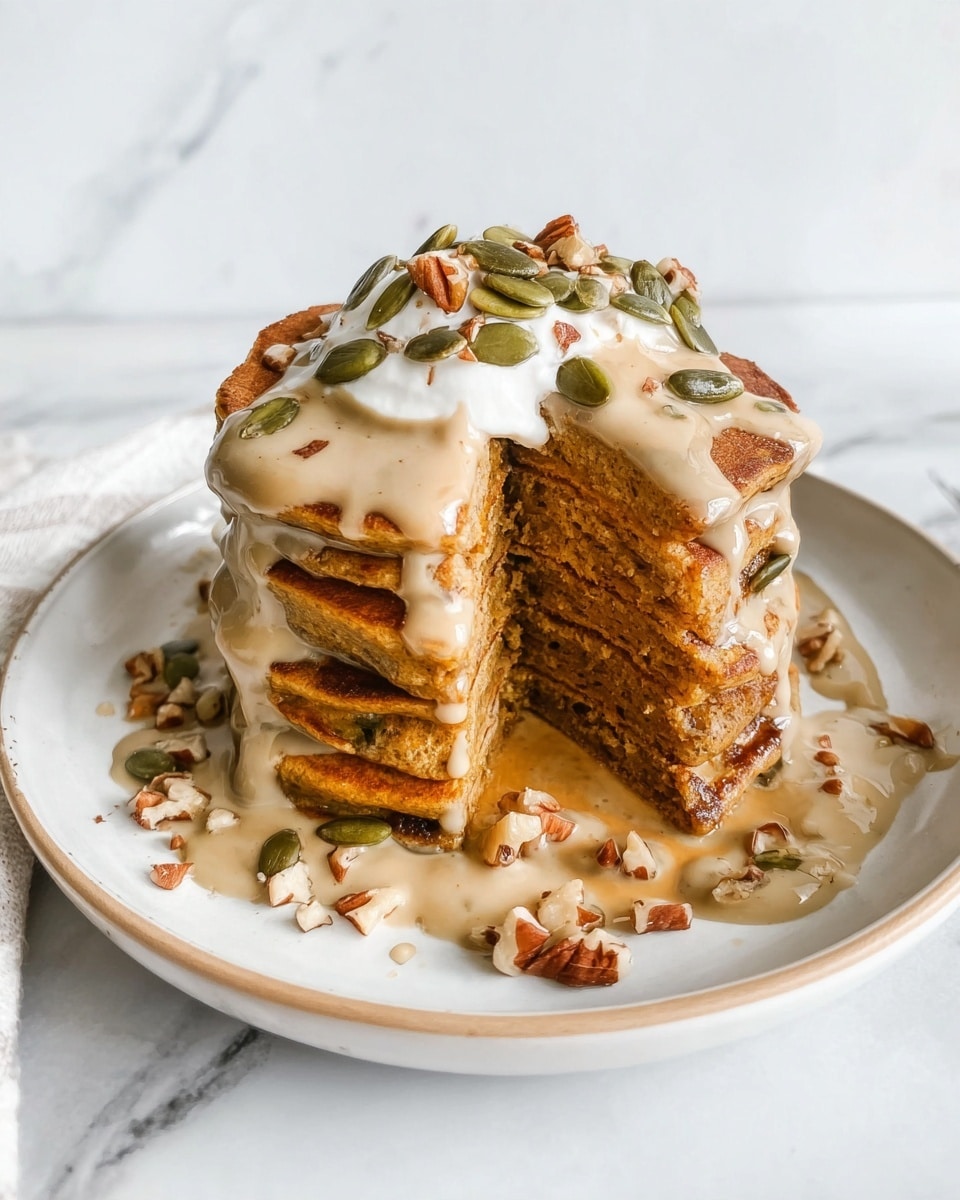 A stack of thick, golden brown pancakes with visible layers is placed on a white plate with subtle marble patterns. The top pancake is drizzled with a creamy light brown sauce that slowly runs down the sides. On top is a dollop of white cream, sprinkled with green pumpkin seeds and small pieces of brown nuts. Some sauce and seeds spill onto the plate, with a few nut pieces scattered around. The background is a clean white marbled surface. photo taken with an iphone --ar 4:5 --v 7