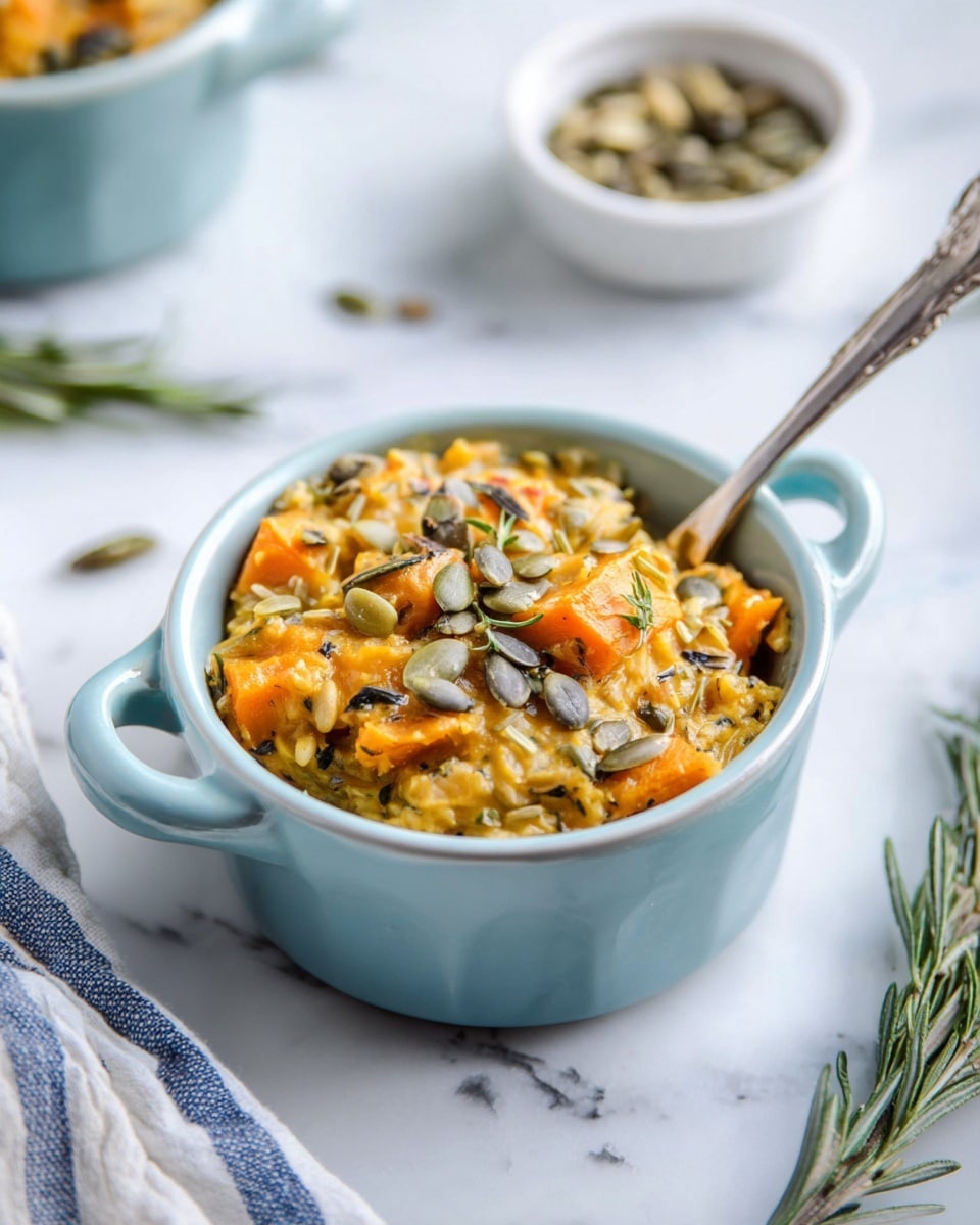 A light blue bowl with two handles holds a creamy yellow soup mixed with wild rice and slices of orange sweet potato. The soup is topped with green pumpkin seeds, small rosemary leaves, and black pepper flakes. A silver spoon is partially inside the bowl, resting on the right side. The bowl is placed on a white marbled surface, surrounded by scattered pumpkin seeds and sprigs of fresh rosemary. A white bowl filled with pumpkin seeds is seen nearby, and a white towel with blue stripes is partly visible underneath the bowl. Photo taken with an iphone --ar 4:5 --v 7
