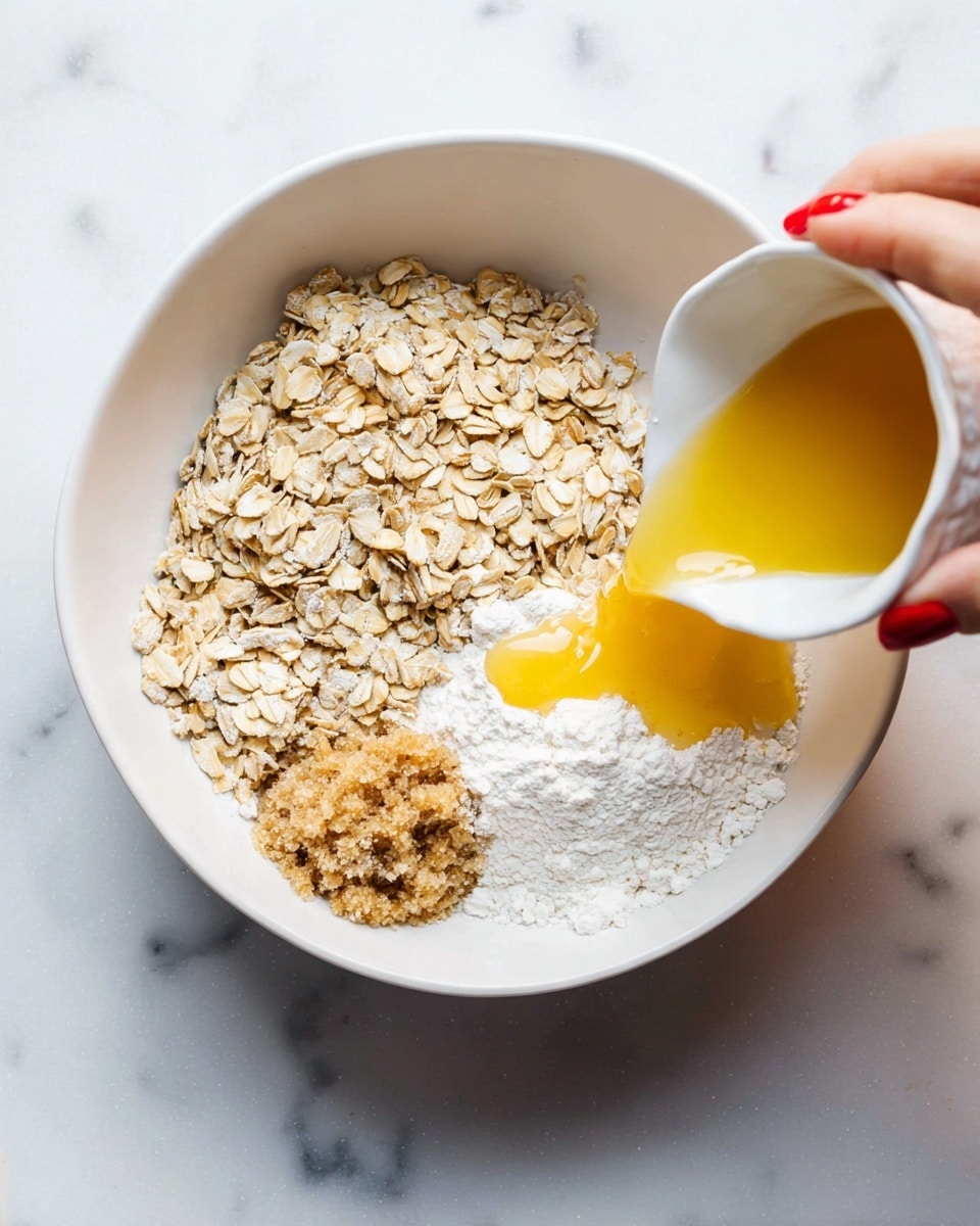A white bowl on a white marbled surface holds four separate layers of ingredients: light brown rolled oats filling the left quarter, a pile of light brown sugar on the upper right, a soft mound of white flour in the bottom right, and melted yellow butter with some amber syrup beneath and around the flour. A woman's hand with red-painted nails is pouring more melted butter from a small white ceramic bowl into the larger bowl from the right side. The image is bright with natural light, showing the textures clearly. photo taken with an iphone --ar 4:5 --v 7